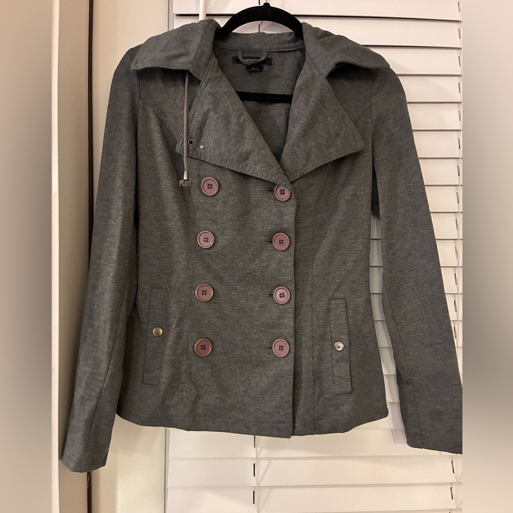 Paper Tree Jacket Grey w/purple-grey buttons and lace. Soft, comfy, stylish.